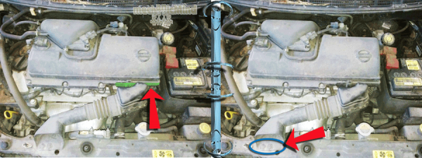 Figura 1: La posizione del filtro dell'aria è indicata in verde. I bulloni di fissaggio sono cerchiati in blu.