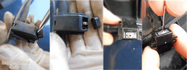 Figura 5: Procedura di rimozione del copri ugello e tecnica di pulizia con sgrassante e spillo