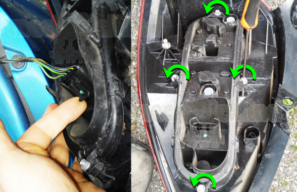Figura 2: Rimozione Connettore Elettrico e viti Porta lampada
