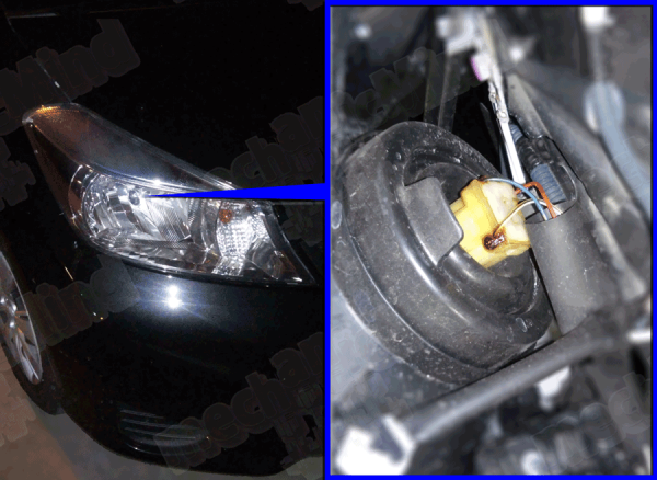 Figura 1: Faro Toyota Yaris. In giallo il connettore da sfilare